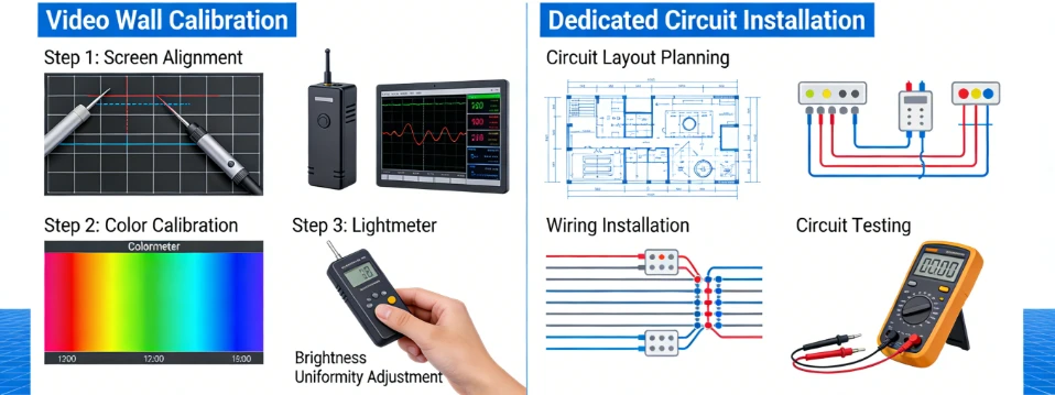 Multi-screen video wall calibration and dedicated circuit electrical installation for reliable retail digital signage deployment